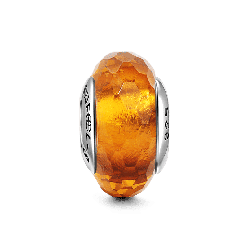 Amber Ice Crystal Faceted Charm Murano Glass Bead Silver