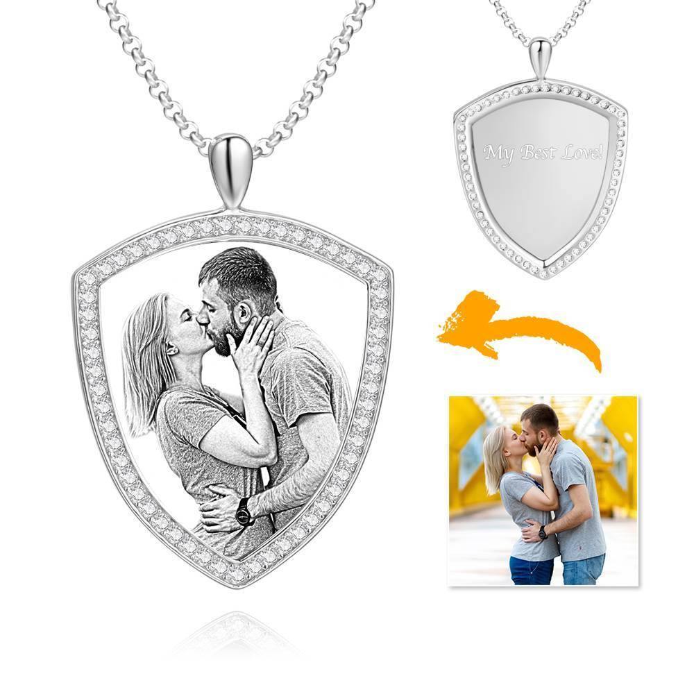 Women's Personalized Photo Engraved Necklace, Rhinestone Crystal Shield Shape Photo Necklace Platinum Plated Silver - Sketch