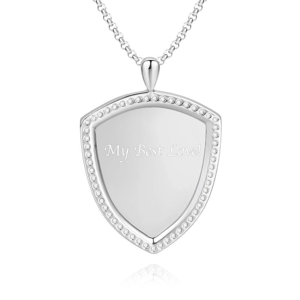 Women's Personalized Photo Engraved Necklace, Rhinestone Crystal Shield Shape Photo Necklace Platinum Plated Silver - Colorful