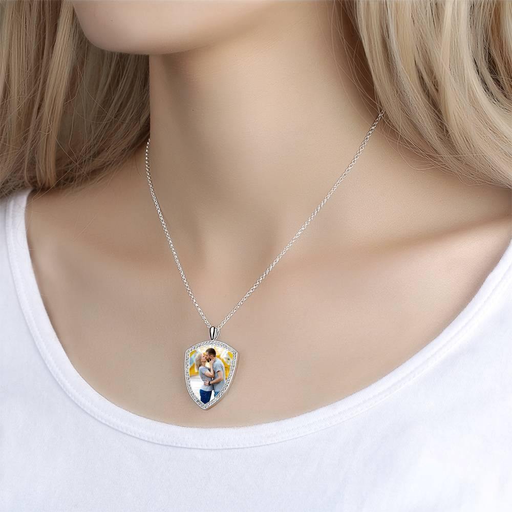 Women's Personalized Photo Engraved Necklace, Rhinestone Crystal Shield Shape Photo Necklace Platinum Plated Silver - Colorful