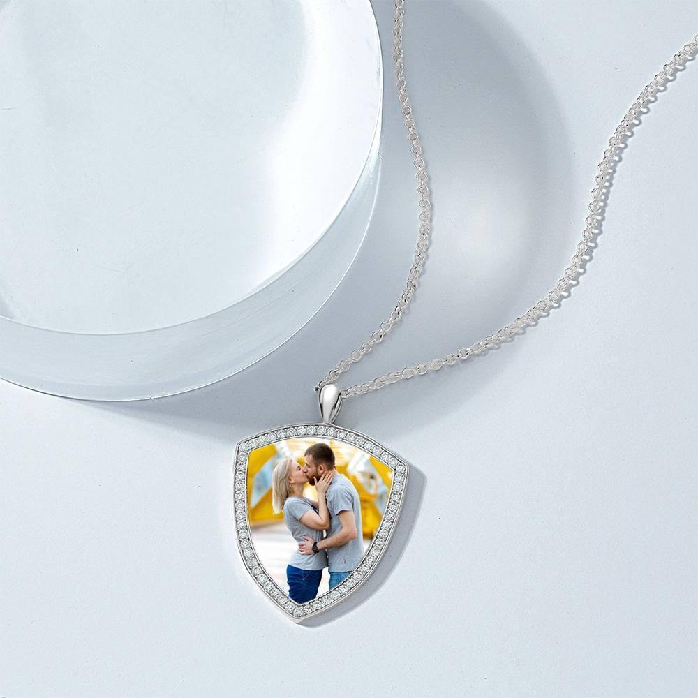 Women's Personalized Photo Engraved Necklace, Rhinestone Crystal Shield Shape Photo Necklace Platinum Plated Silver - Colorful