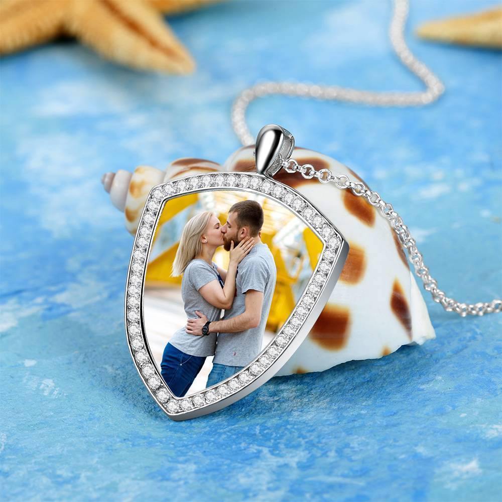 Women's Personalized Photo Engraved Necklace, Rhinestone Crystal Shield Shape Photo Necklace Platinum Plated Silver - Colorful