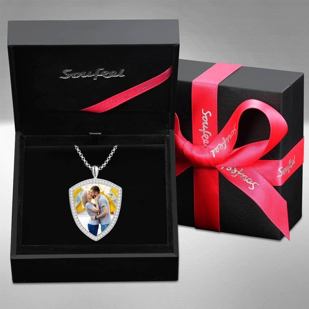 Women's Personalized Photo Engraved Necklace, Rhinestone Crystal Shield Shape Photo Necklace Platinum Plated Silver - Colorful