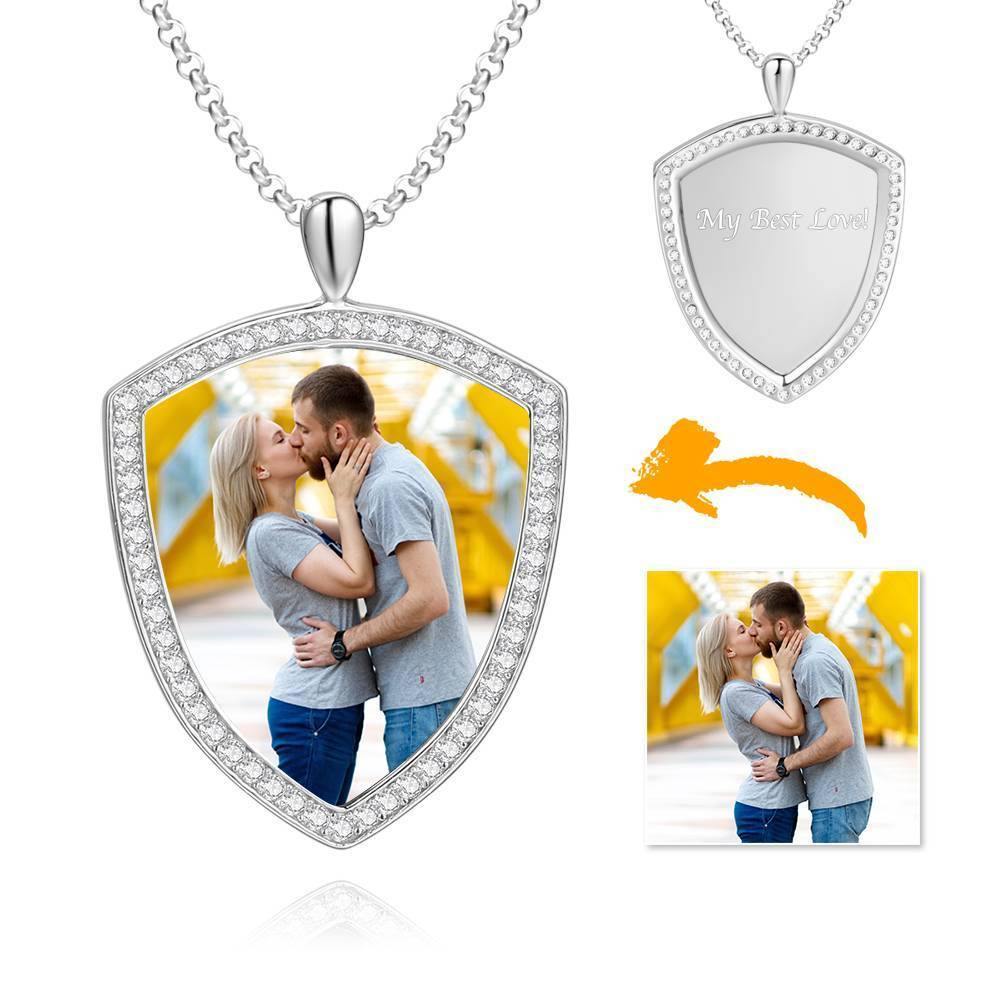 Women's Personalized Photo Engraved Necklace, Rhinestone Crystal Shield Shape Photo Necklace Platinum Plated Silver - Colorful