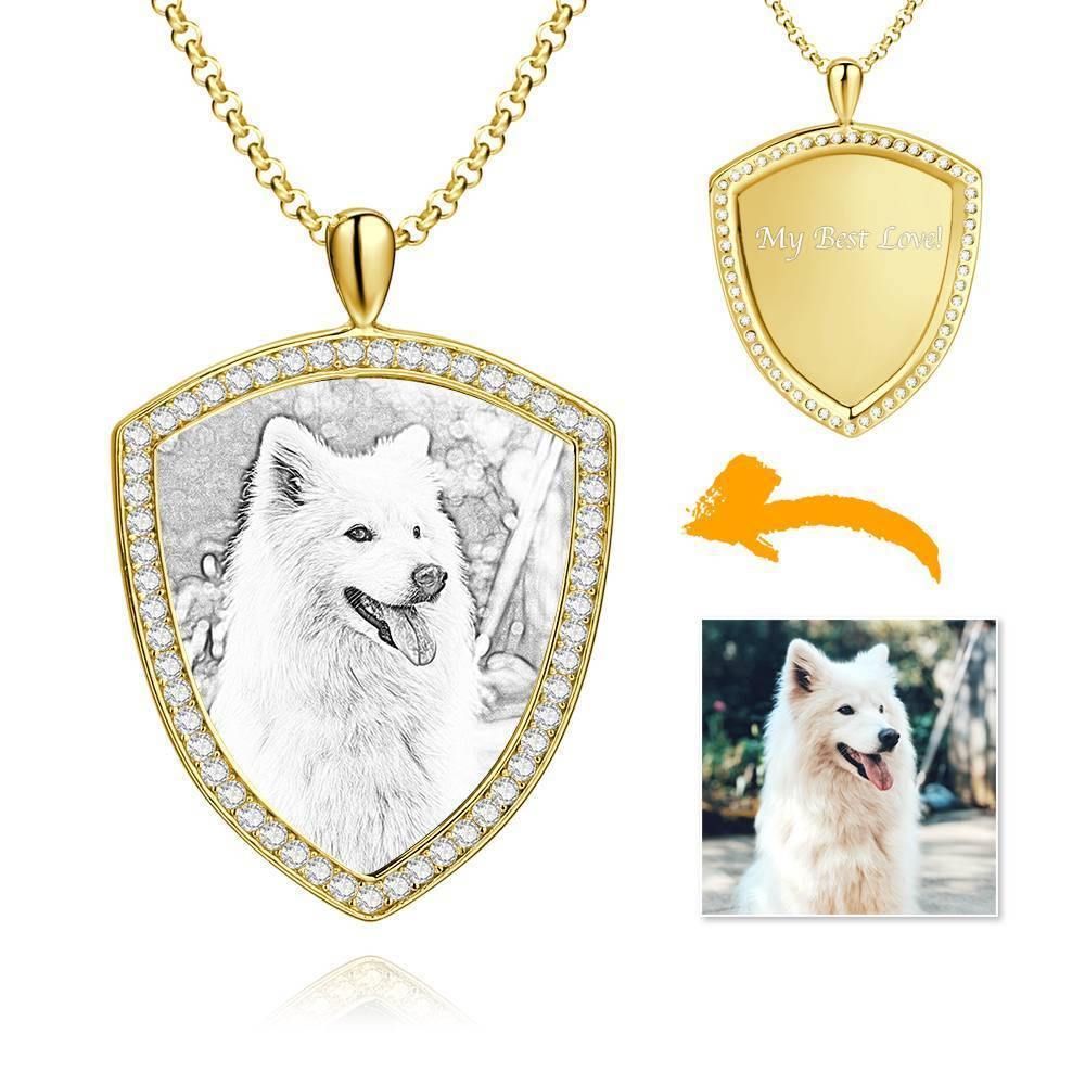 Women's Personalized Photo Engraved Necklace, Rhinestone Crystal Shield Shape Photo Necklace 14K Gold Plated Golden - Sketch