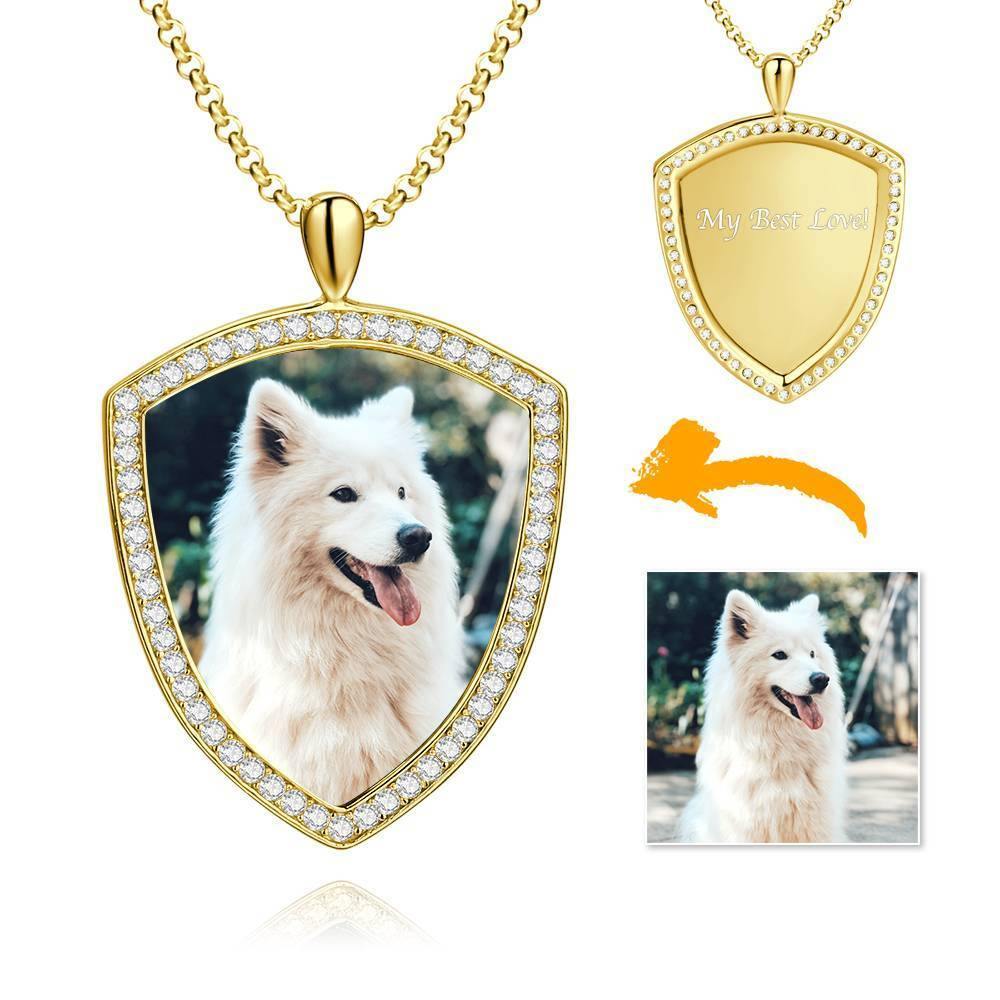 Women's Personalized Photo Engraved Necklace, Rhinestone Crystal Shield Shape Photo Necklace 14K Gold Plated Golden - Colorful