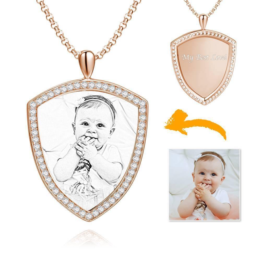 Women's Personalized Photo Engraved Necklace, Rhinestone Crystal Shield Shape Photo Necklace Rose Gold Plated - Sketch