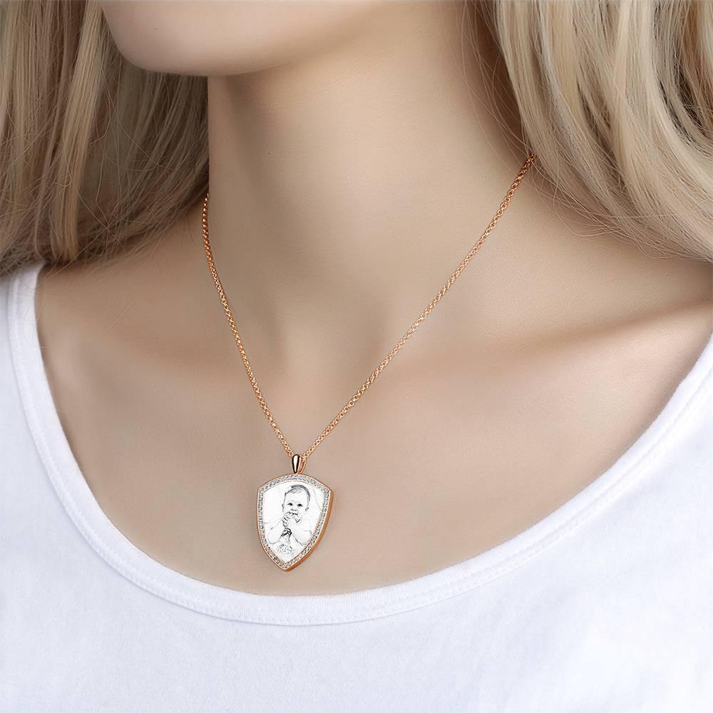 Women's Personalized Photo Engraved Necklace, Rhinestone Crystal Shield Shape Photo Necklace Rose Gold Plated - Sketch
