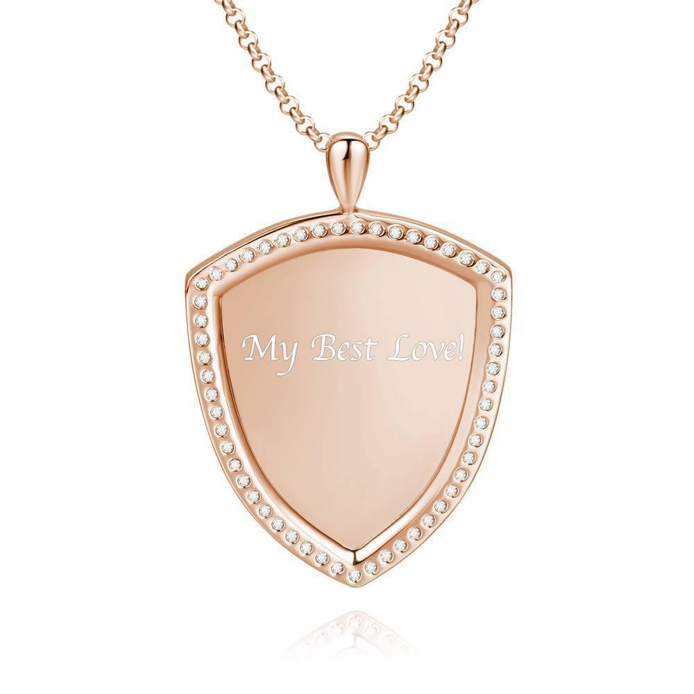 Women's Personalized Photo Engraved Necklace, Rhinestone Crystal Shield Shape Photo Necklace Rose Gold Plated - Sketch