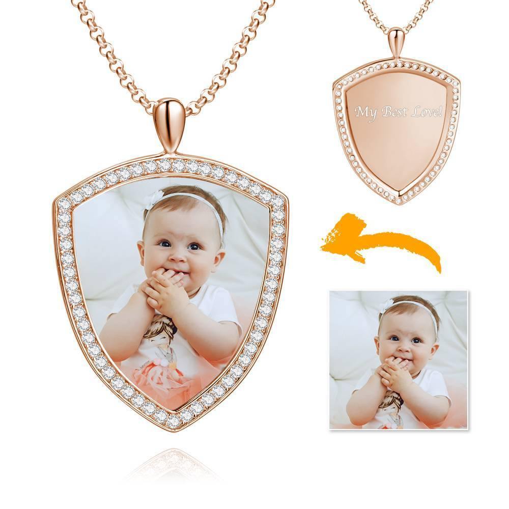 Women's Personalized Photo Engraved Necklace, Rhinestone Crystal Shield Shape Photo Necklace Rose Gold Plated - Colorful