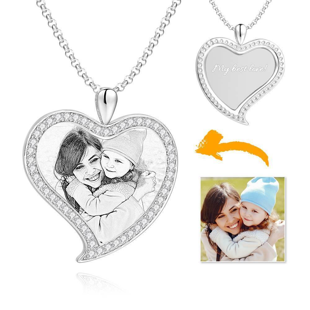 Women's Personalized Photo Engraved Necklace, Rhinestone Crystal Love Heart Shape Photo Necklace 14K Gold Plated Golden - Sketch