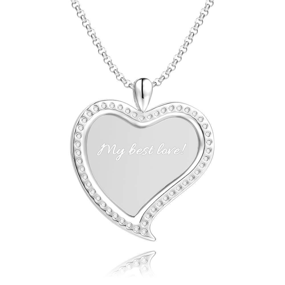 Women's Personalized Photo Engraved Necklace, Rhinestone Crystal Love Heart Shape Photo Necklace Platinum Plated Silver - Colorful