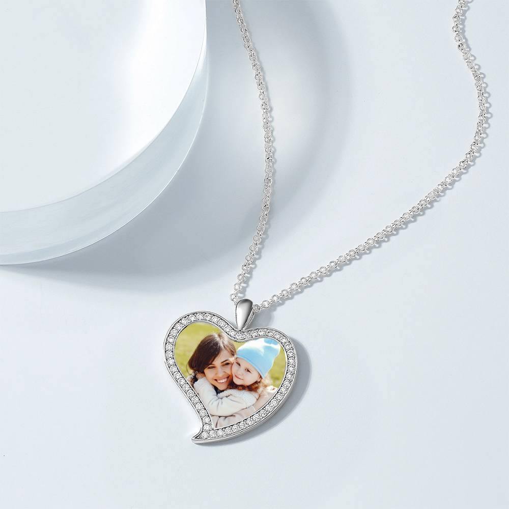 Women's Personalized Photo Engraved Necklace, Rhinestone Crystal Love Heart Shape Photo Necklace Platinum Plated Silver - Colorful