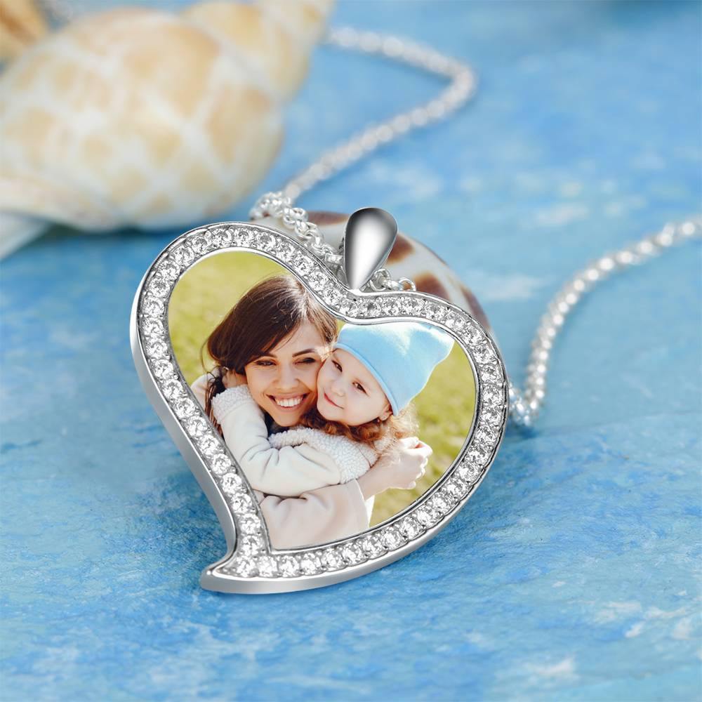 Women's Personalized Photo Engraved Necklace, Rhinestone Crystal Love Heart Shape Photo Necklace Platinum Plated Silver - Colorful