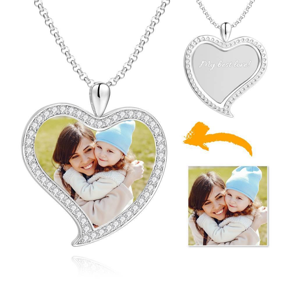 Women's Personalized Photo Engraved Necklace, Rhinestone Crystal Love Heart Shape Photo Necklace Platinum Plated Silver - Colorful