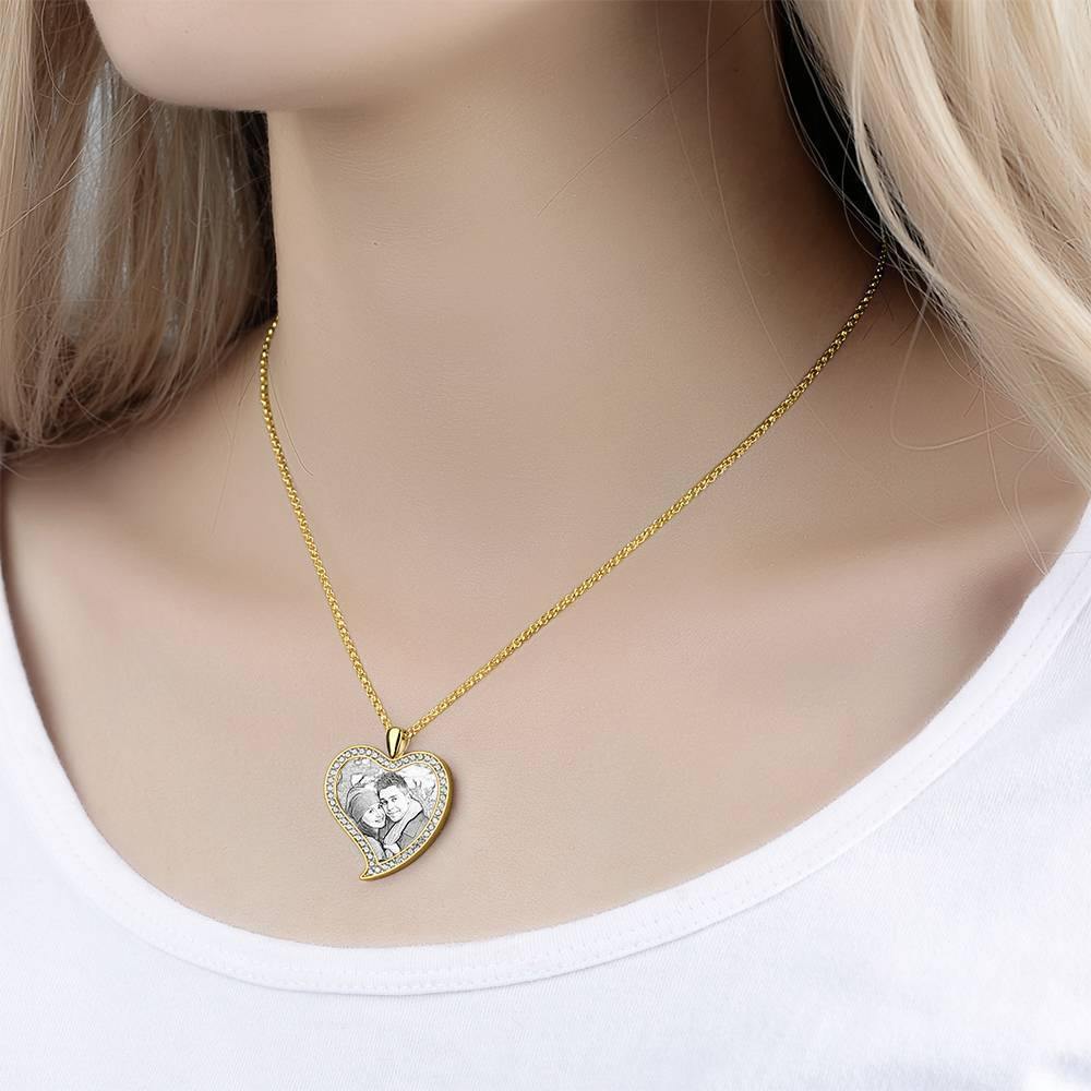 Women's Personalized Photo Engraved Necklace, Rhinestone Crystal Love Heart Shape Photo Necklace 14K Gold Plated Golden - Sketch