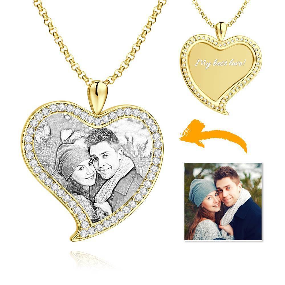 Women's Personalized Photo Engraved Necklace, Rhinestone Crystal Love Heart Shape Photo Necklace 14K Gold Plated Golden - Sketch