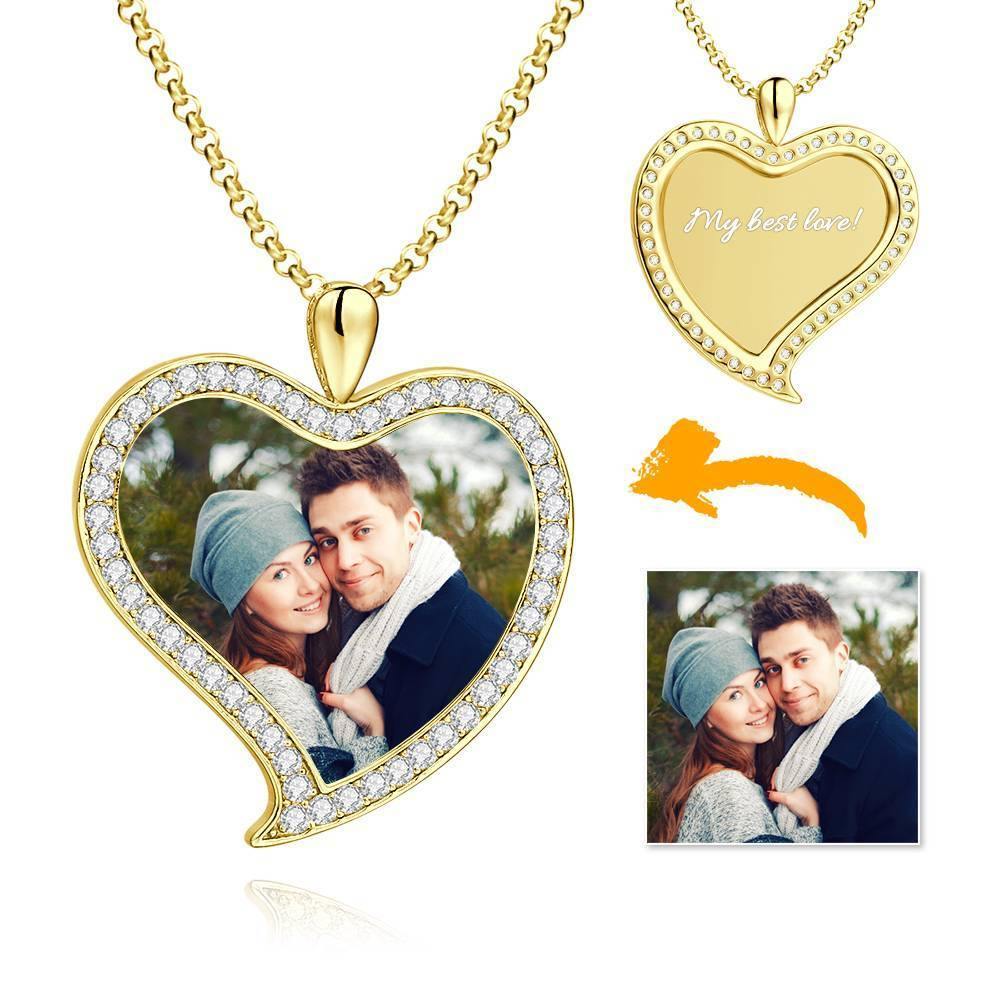 Women's Personalized Photo Engraved Necklace, Rhinestone Crystal Love Heart Shape Photo Necklace Rose Gold Plated - Colorful