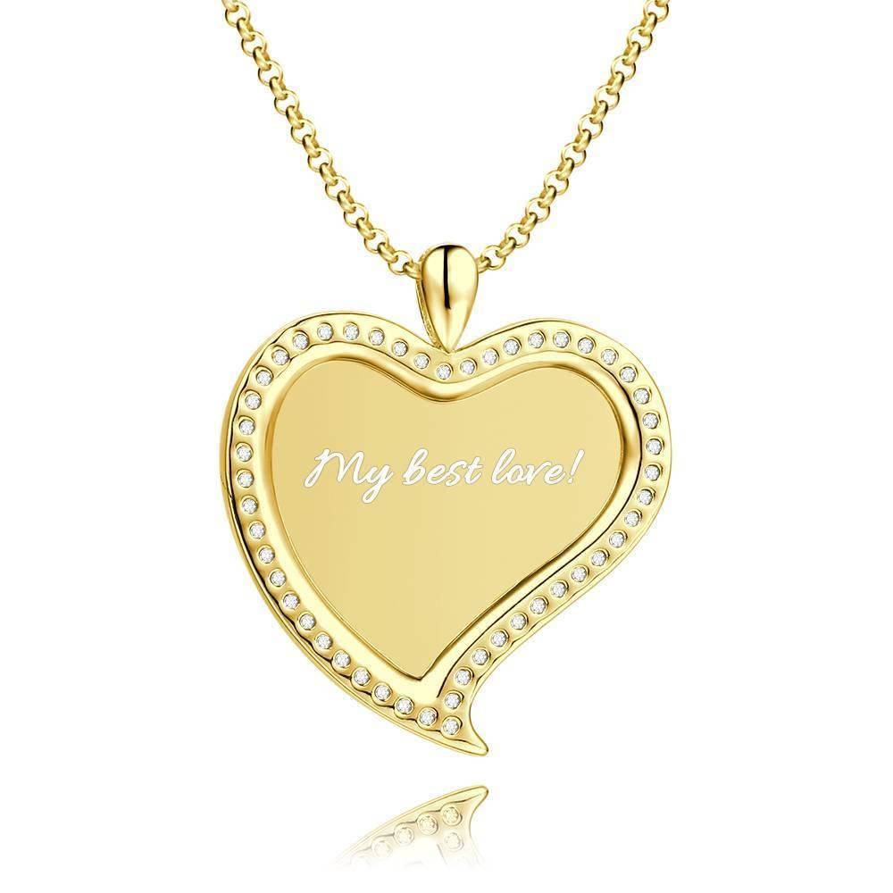 Women's Personalized Photo Engraved Necklace, Rhinestone Crystal Love Heart Shape Photo Necklace 14K Gold Plated Golden - Sketch