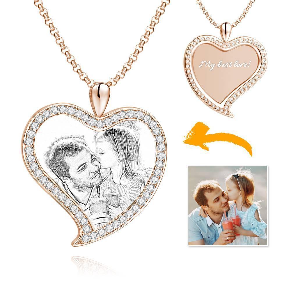 Women's Personalized Photo Engraved Necklace, Rhinestone Crystal Love Heart Shape Photo Necklace Rose Gold Plated - Sketch