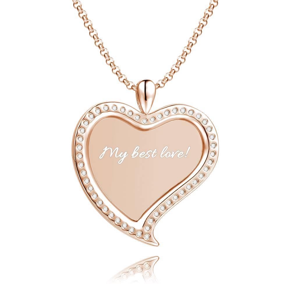 Women's Personalized Photo Engraved Necklace, Rhinestone Crystal Love Heart Shape Photo Necklace Rose Gold Plated - Sketch