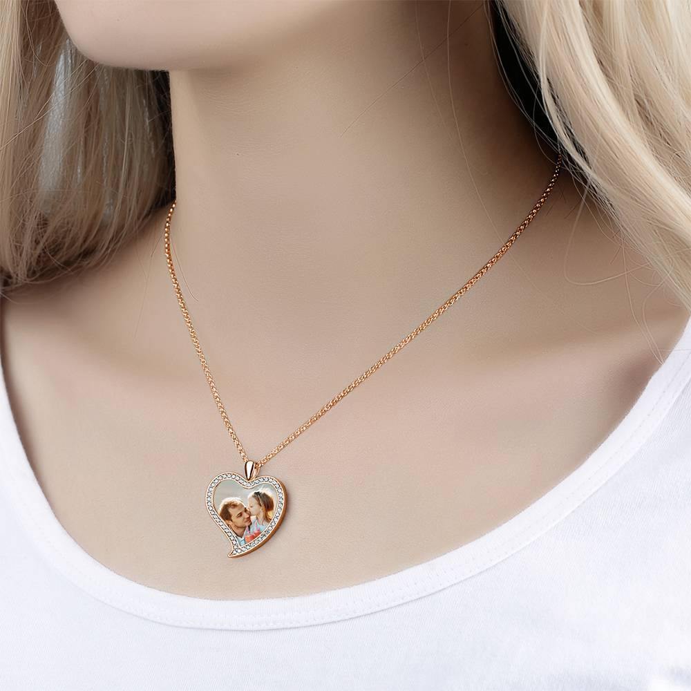 Women's Personalized Photo Engraved Necklace, Rhinestone Crystal Love Heart Shape Photo Necklace Rose Gold Plated - Colorful