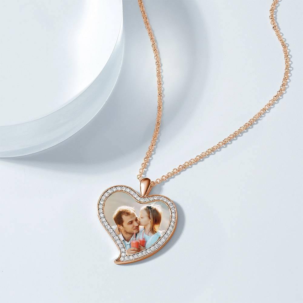 Women's Personalized Photo Engraved Necklace, Rhinestone Crystal Love Heart Shape Photo Necklace Rose Gold Plated - Colorful