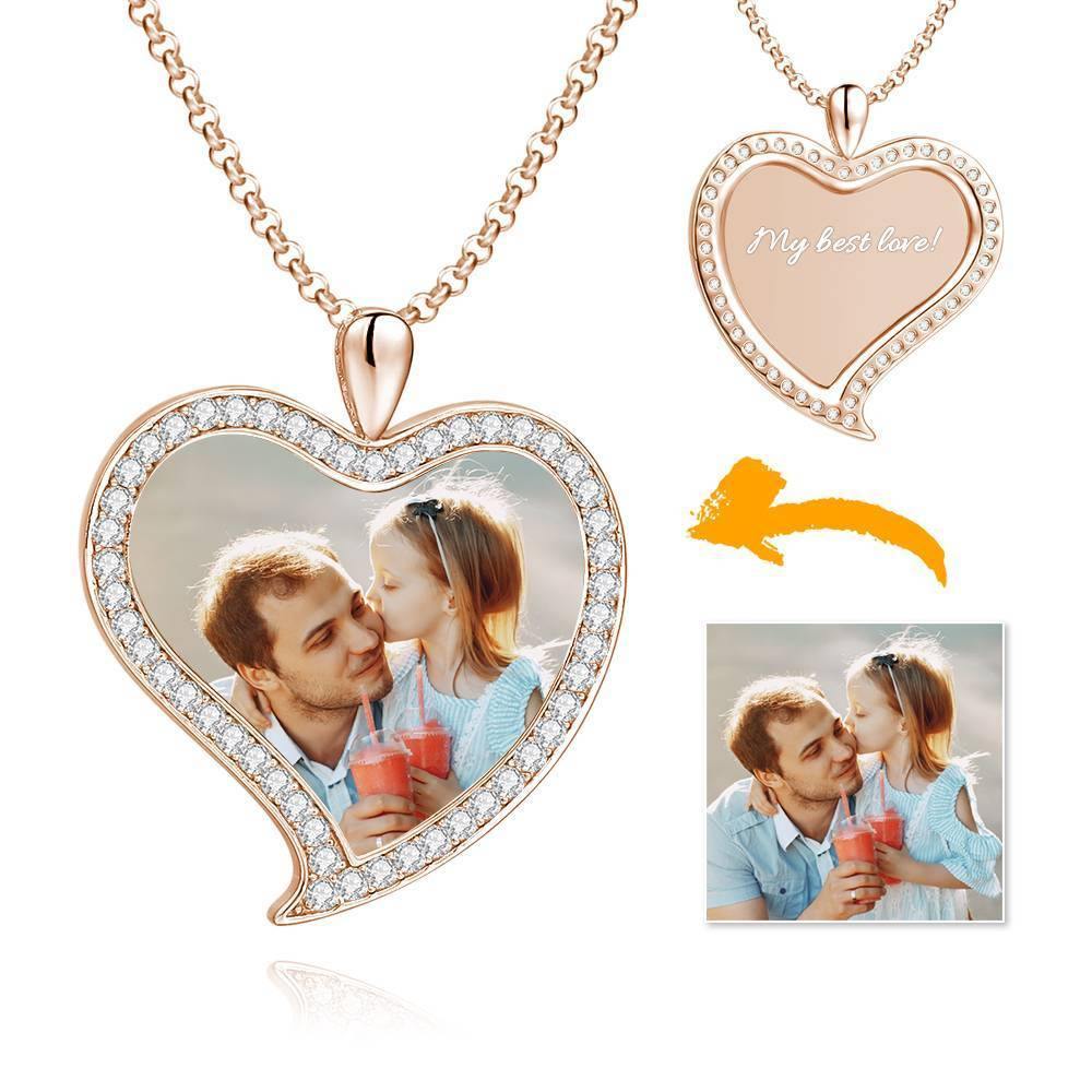 Women's Personalized Photo Engraved Necklace, Rhinestone Crystal Love Heart Shape Photo Necklace Platinum Plated Silver - Colorful