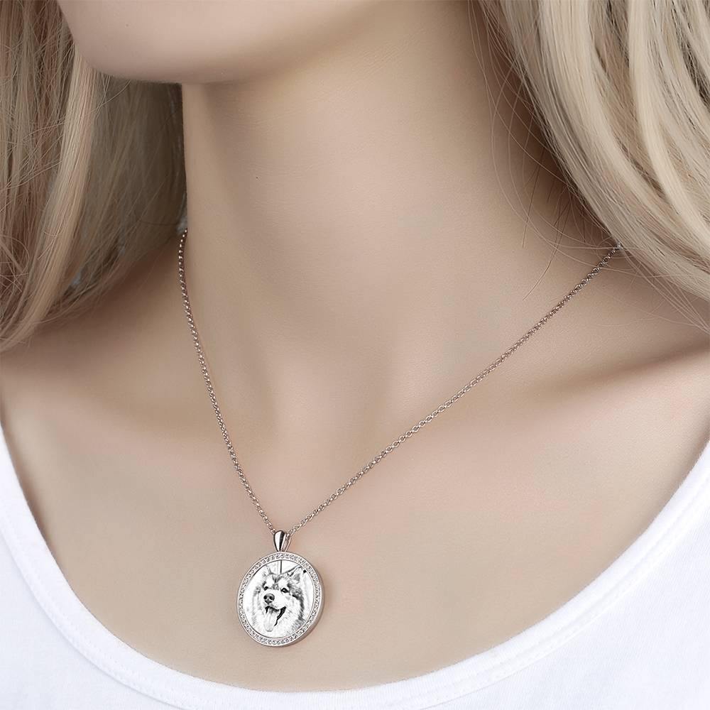 Women's Personalized Photo Engraved Necklace, Rhinestone Crystal Round Shape Photo Necklace Platinum Plated Silver - Sketch