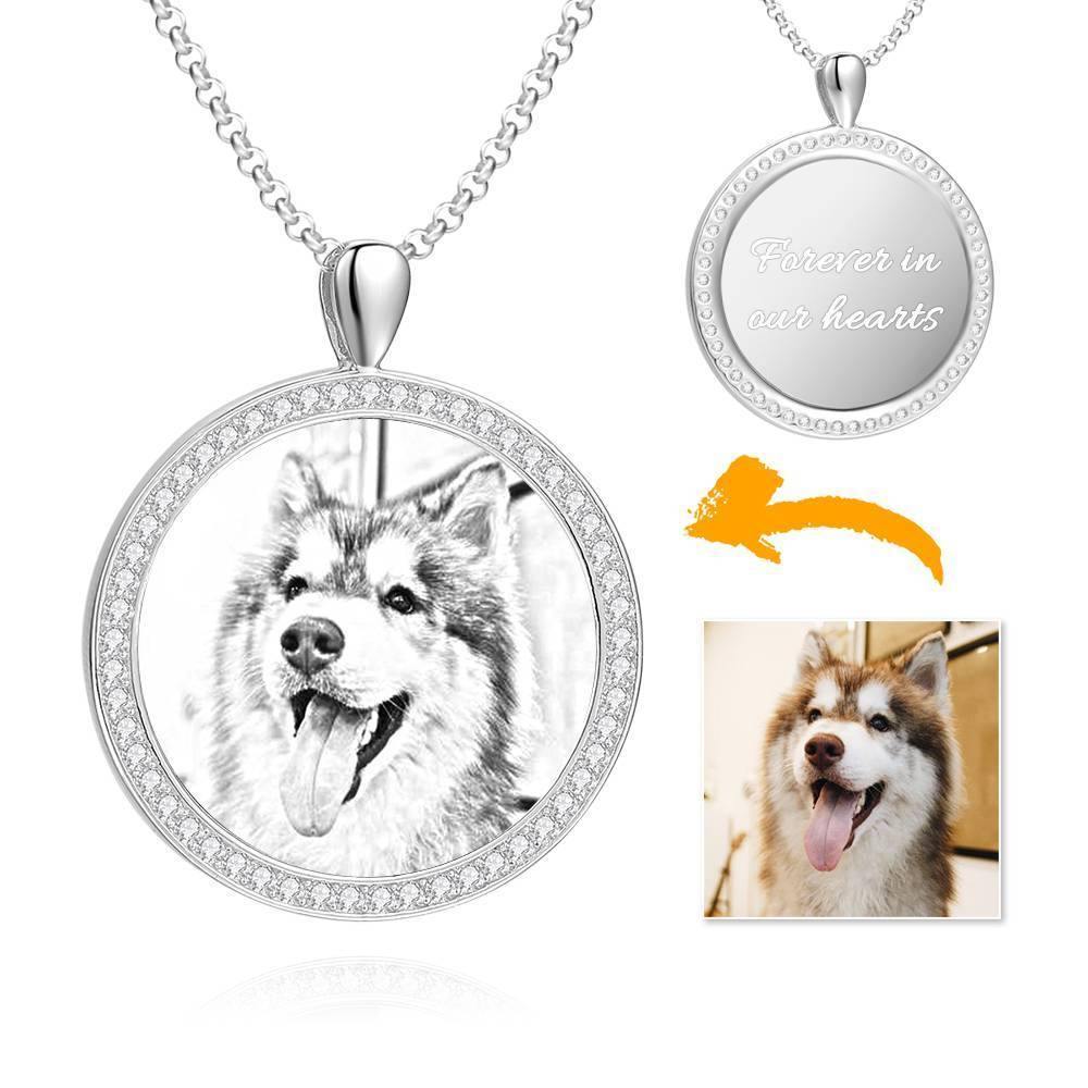 Women's Personalized Photo Engraved Necklace, Rhinestone Crystal Round Shape Photo Necklace Platinum Plated Silver - Sketch