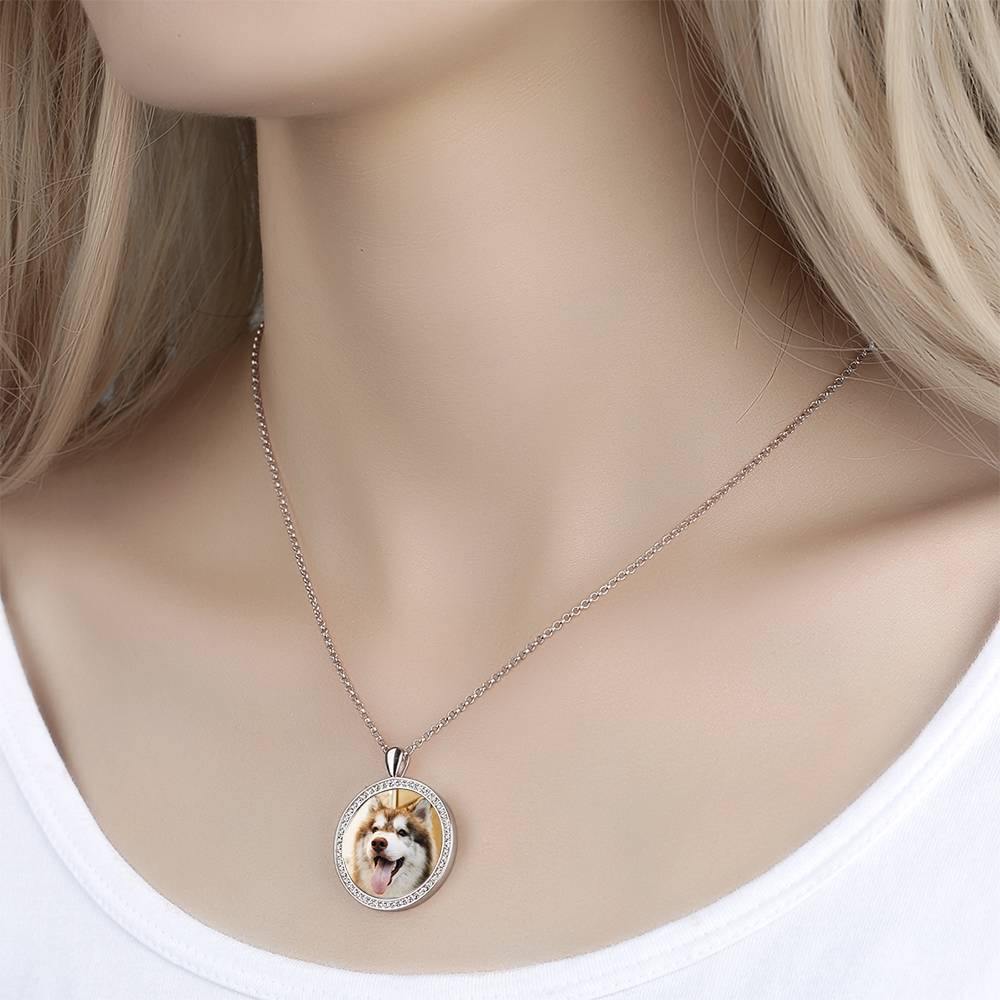 Women's Personalized Photo Engraved Necklace, Rhinestone Crystal Round Shape Photo Necklace Platinum Plated Silver - Colorful