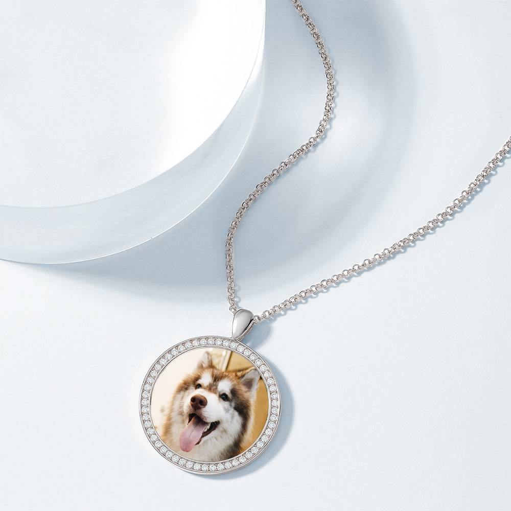 Women's Personalized Photo Engraved Necklace, Rhinestone Crystal Round Shape Photo Necklace Platinum Plated Silver - Colorful