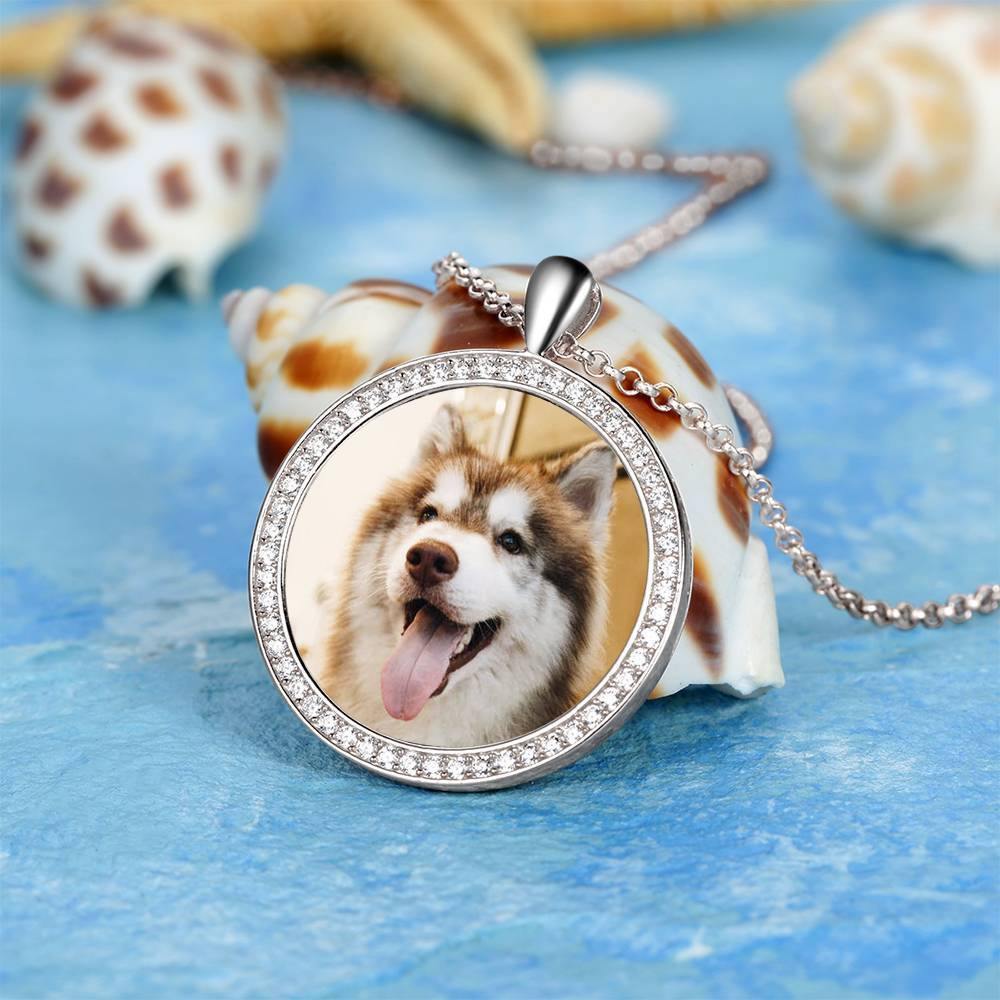 Women's Personalized Photo Engraved Necklace, Rhinestone Crystal Round Shape Photo Necklace Platinum Plated Silver - Colorful