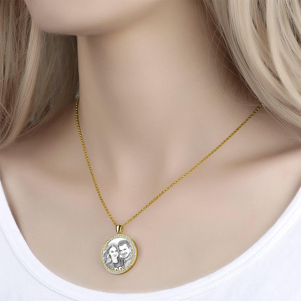 Women's Personalized Photo Engraved Necklace, Rhinestone Crystal Round Shape Photo Necklace 14K Gold Plated Golden - Sketch