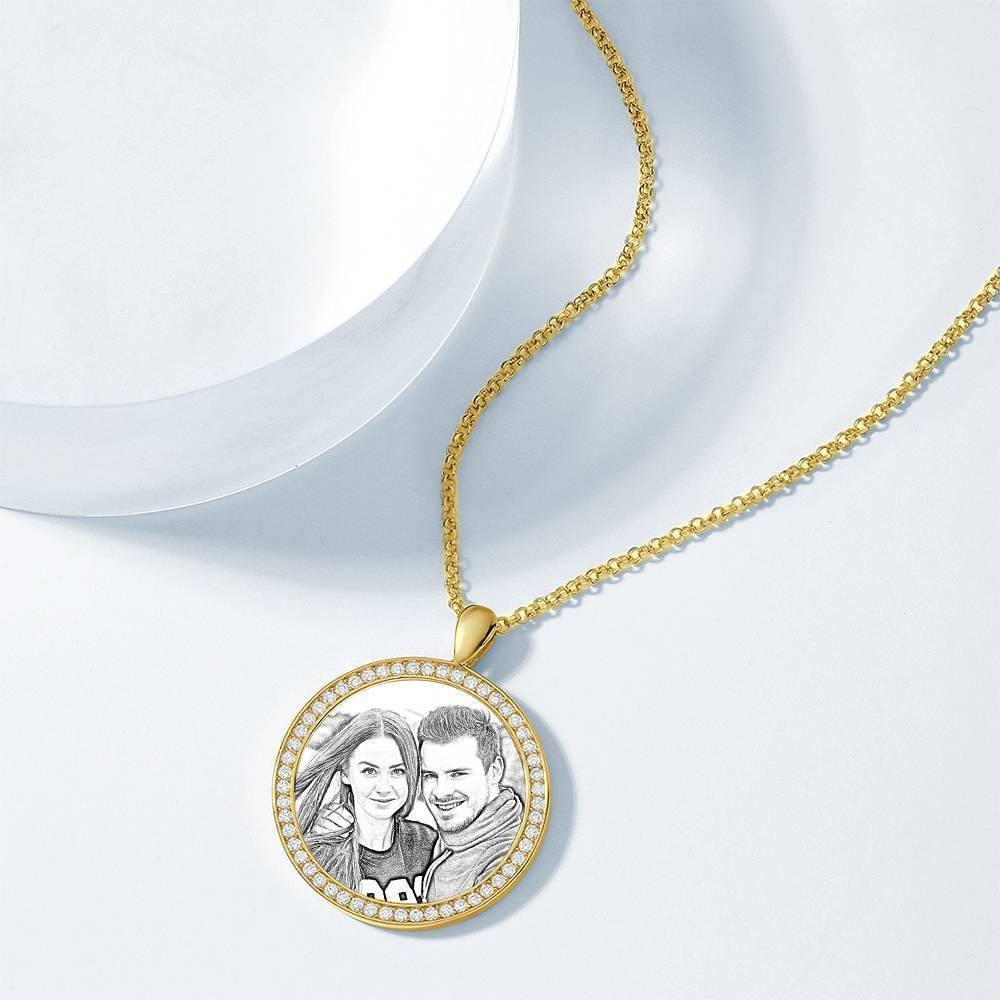 Women's Personalized Photo Engraved Necklace, Rhinestone Crystal Round Shape Photo Necklace 14K Gold Plated Golden - Sketch