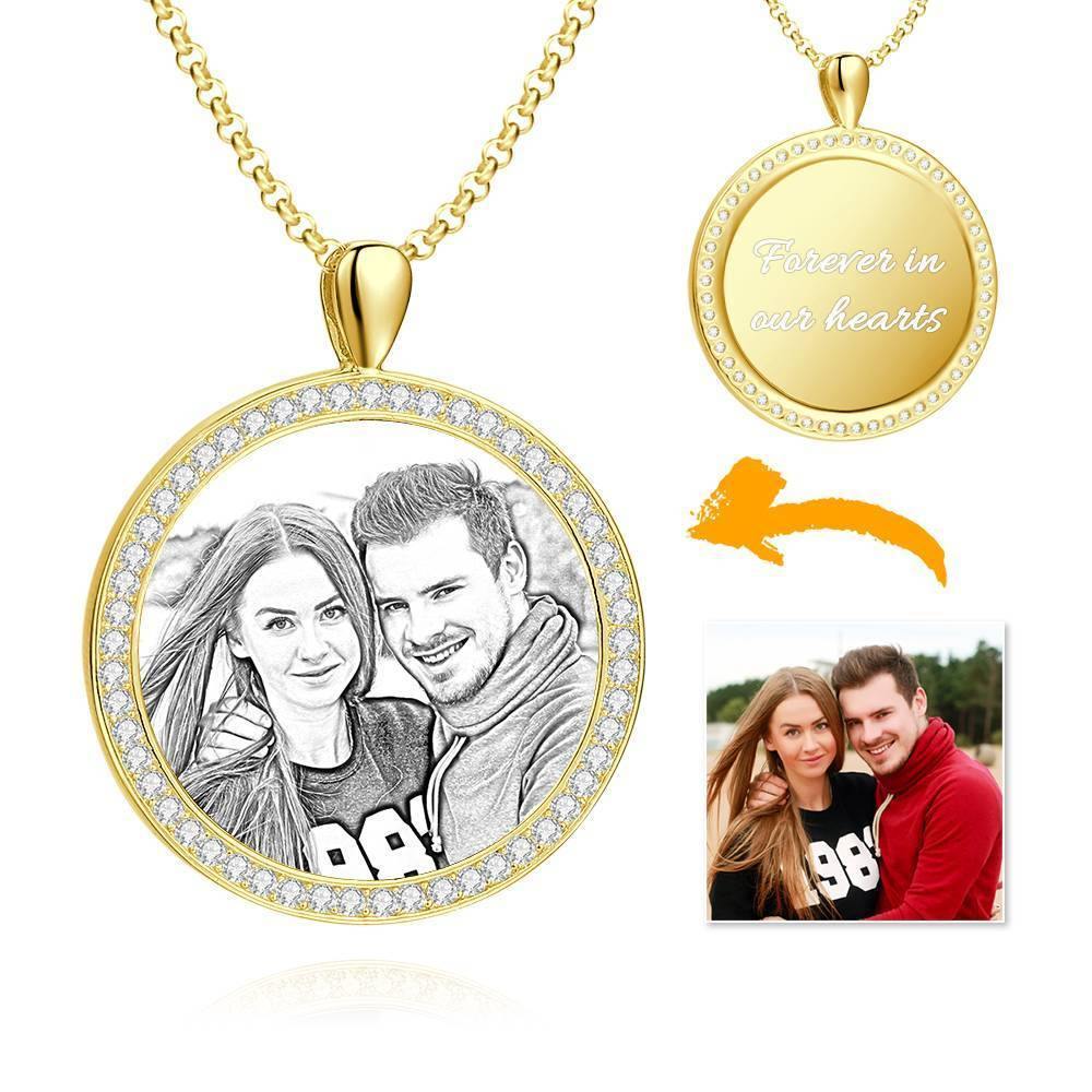 Women's Personalized Photo Engraved Necklace, Rhinestone Crystal Round Shape Photo Necklace Platinum Plated Silver - Sketch