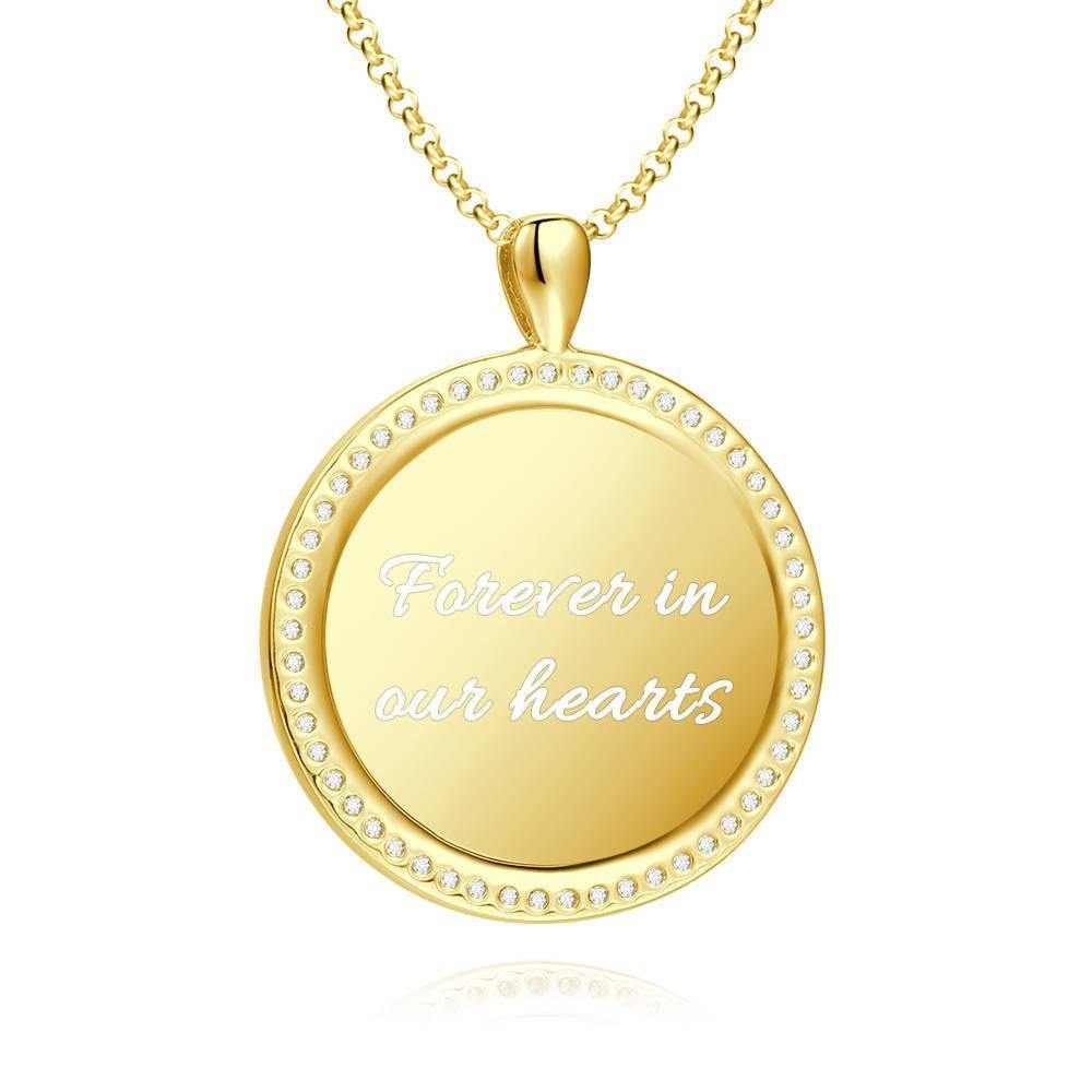 Women's Personalized Photo Engraved Necklace, Rhinestone Crystal Round Shape Photo Necklace 14K Gold Plated Golden - Sketch