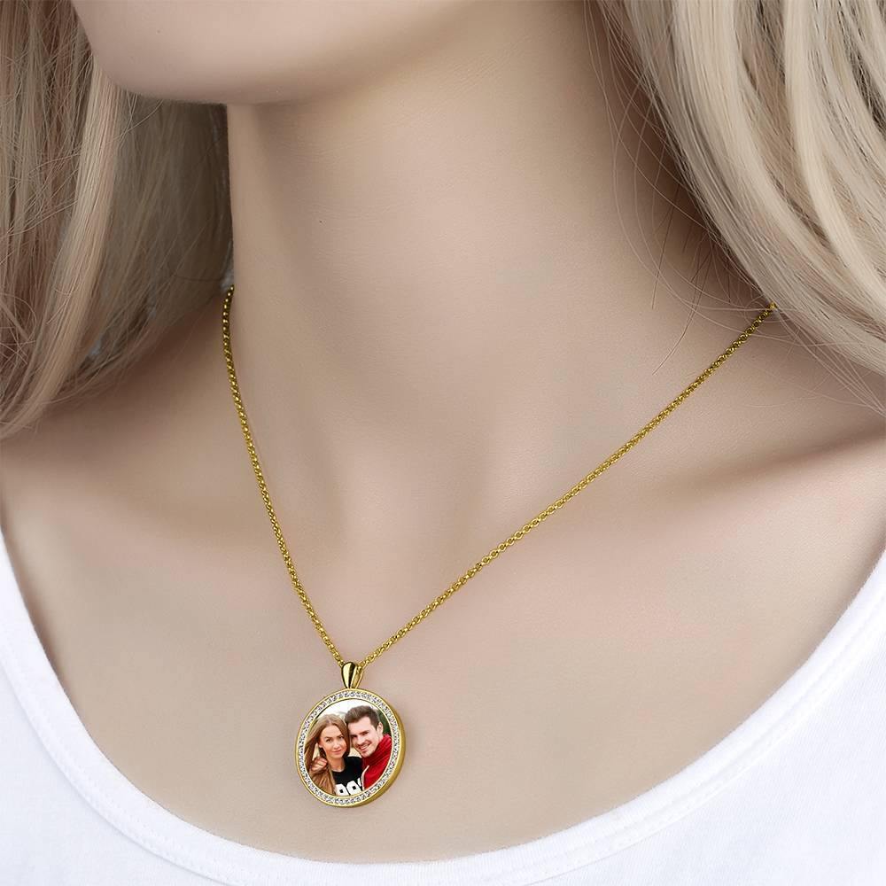 Women's Personalized Photo Engraved Necklace, Rhinestone Crystal Round Shape Photo Necklace 14K Gold Plated Golden - Colorful