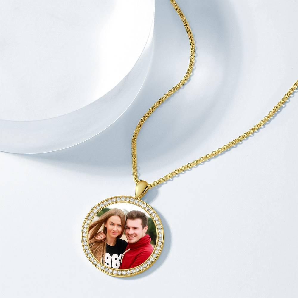 Women's Personalized Photo Engraved Necklace, Rhinestone Crystal Round Shape Photo Necklace 14K Gold Plated Golden - Colorful
