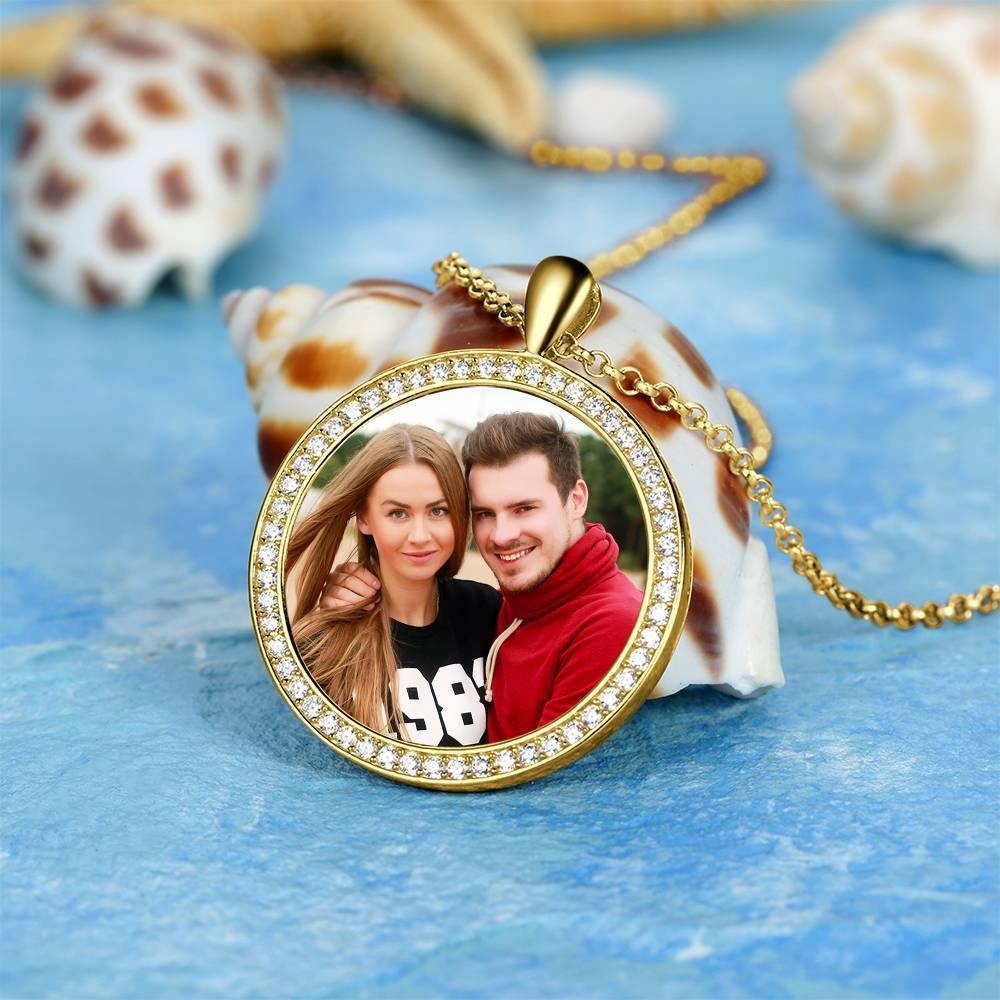 Women's Personalized Photo Engraved Necklace, Rhinestone Crystal Round Shape Photo Necklace 14K Gold Plated Golden - Colorful