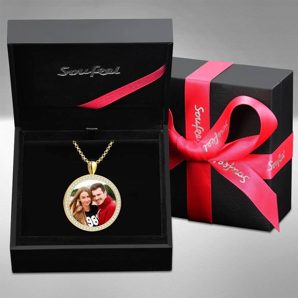 Women's Personalized Photo Engraved Necklace, Rhinestone Crystal Round Shape Photo Necklace 14K Gold Plated Golden - Colorful