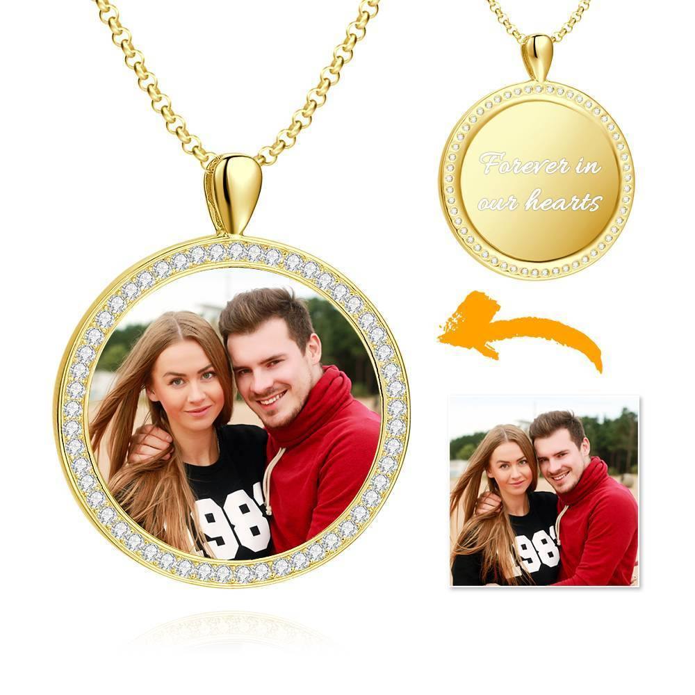 Women's Personalized Photo Engraved Necklace, Rhinestone Crystal Round Shape Photo Necklace Platinum Plated Silver - Colorful