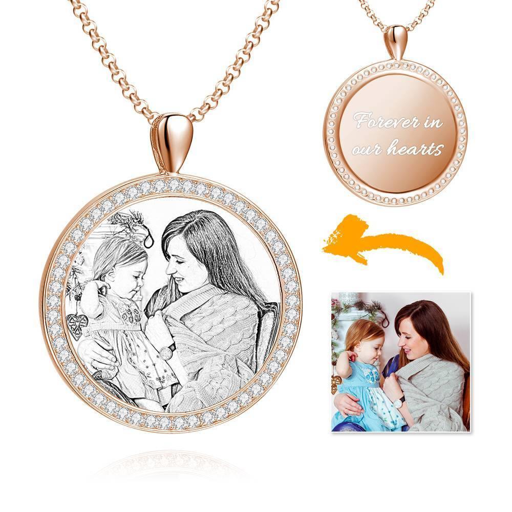 Women's Personalized Photo Engraved Necklace, Rhinestone Crystal Round Shape Photo Necklace Rose Gold Plated - Sketch