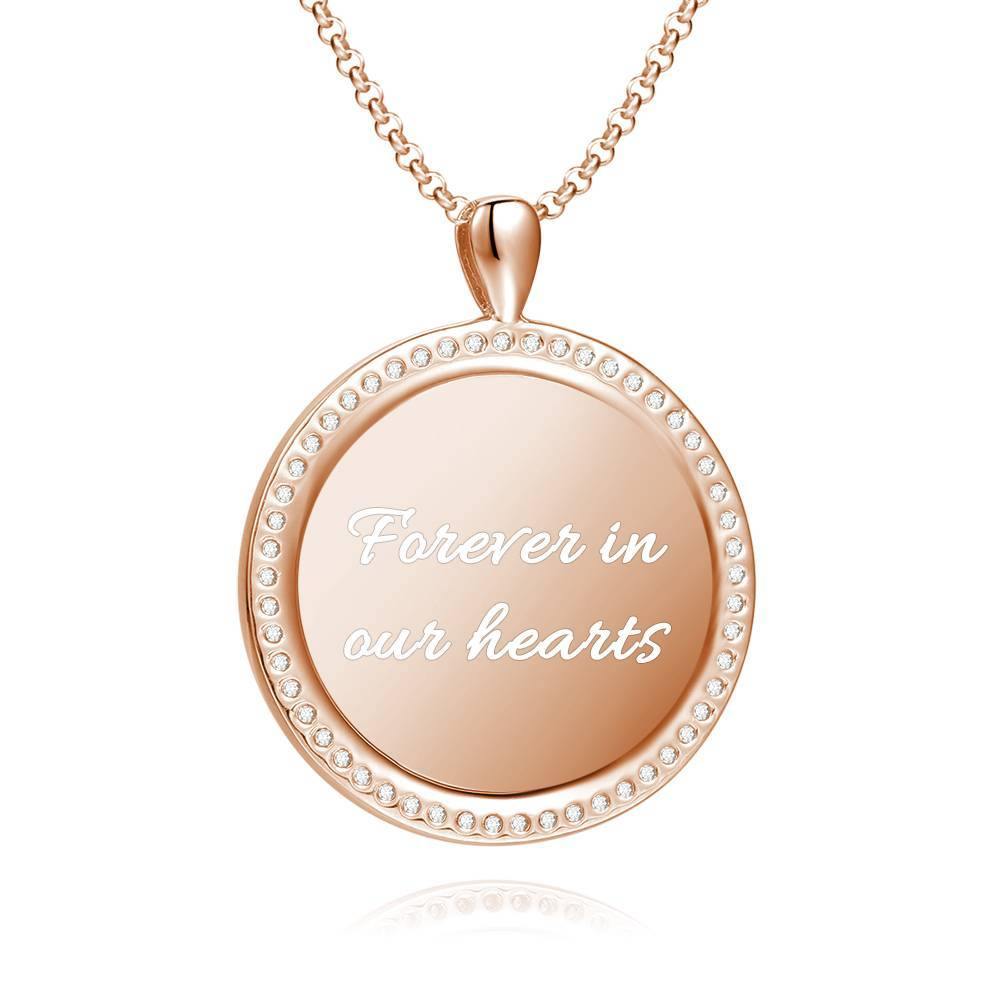 Women's Personalized Photo Engraved Necklace, Rhinestone Crystal Round Shape Photo Necklace Rose Gold Plated - Sketch