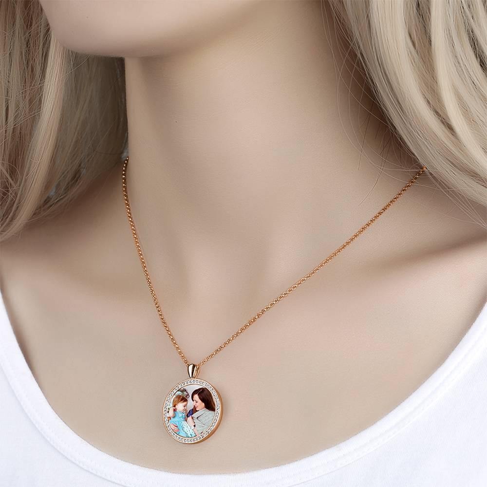Women's Personalized Photo Engraved Necklace, Rhinestone Crystal Round Shape Photo Necklace Rose Gold Plated - Colorful