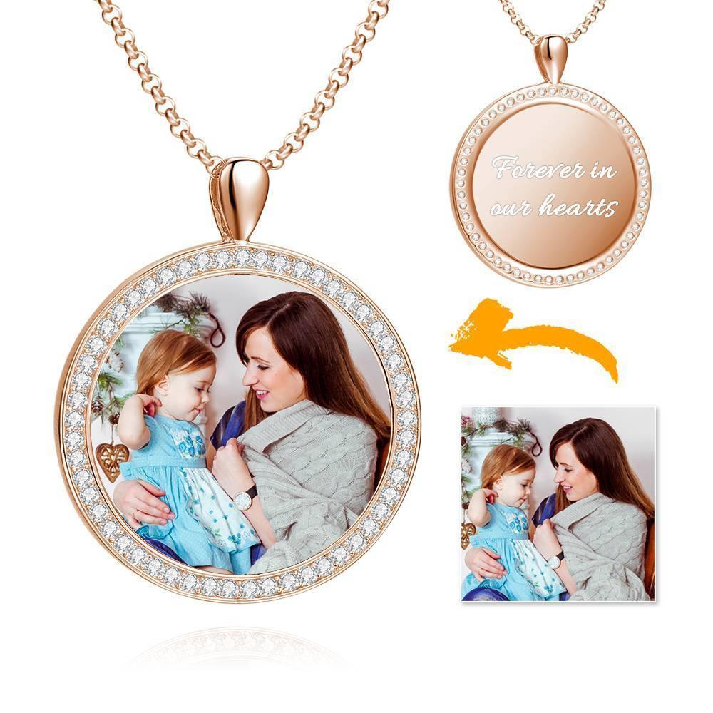 Women's Personalized Photo Engraved Necklace, Rhinestone Crystal Round Shape Photo Necklace 14K Gold Plated Golden - Colorful