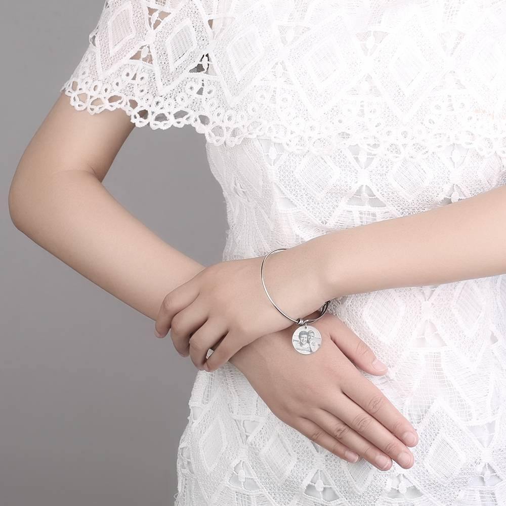 Women's Round Photo Engraved Charm Bangle Stainless Steel