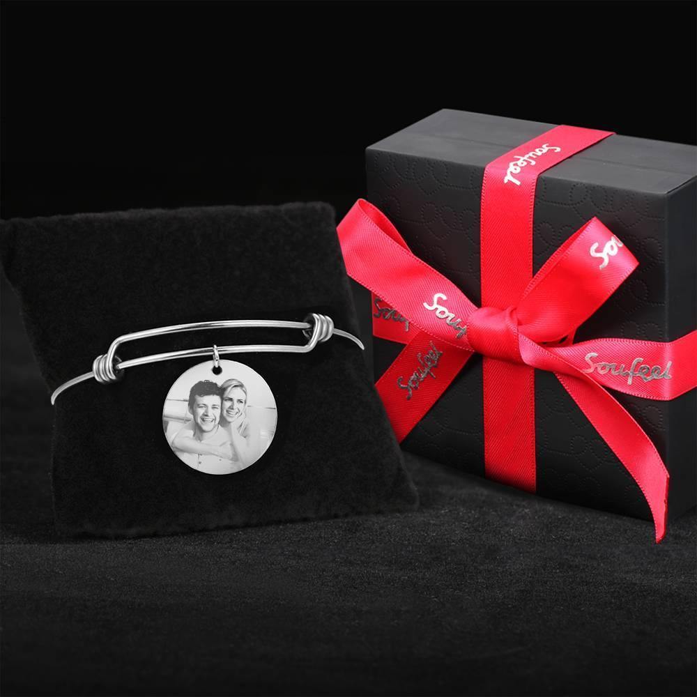 Women's Round Photo Engraved Charm Bangle Stainless Steel