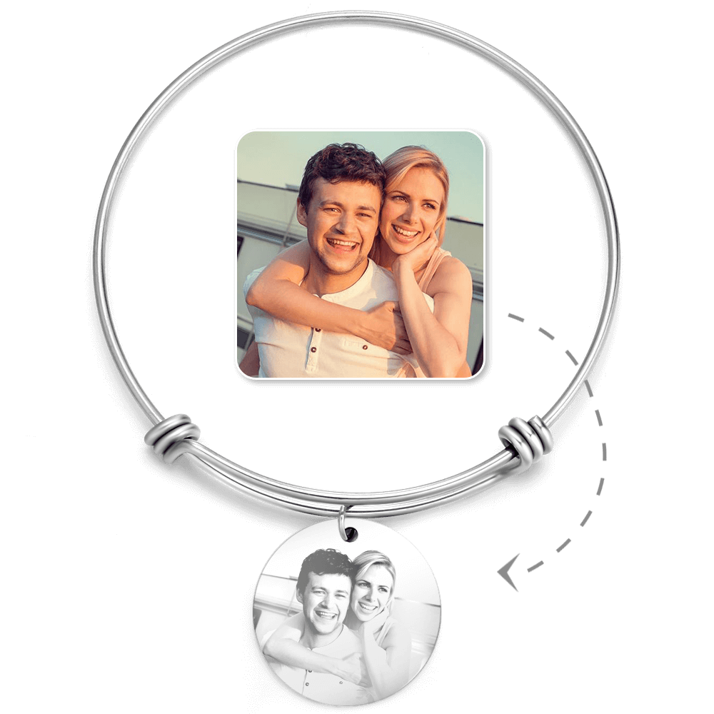 Women's Round Photo Engraved Charm Bangle Stainless Steel