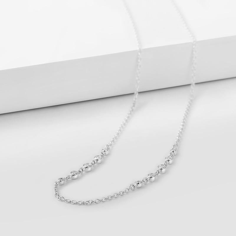 17.7in Silver Cable Chain Basic Necklace With CZ Beads - Length Adjustable